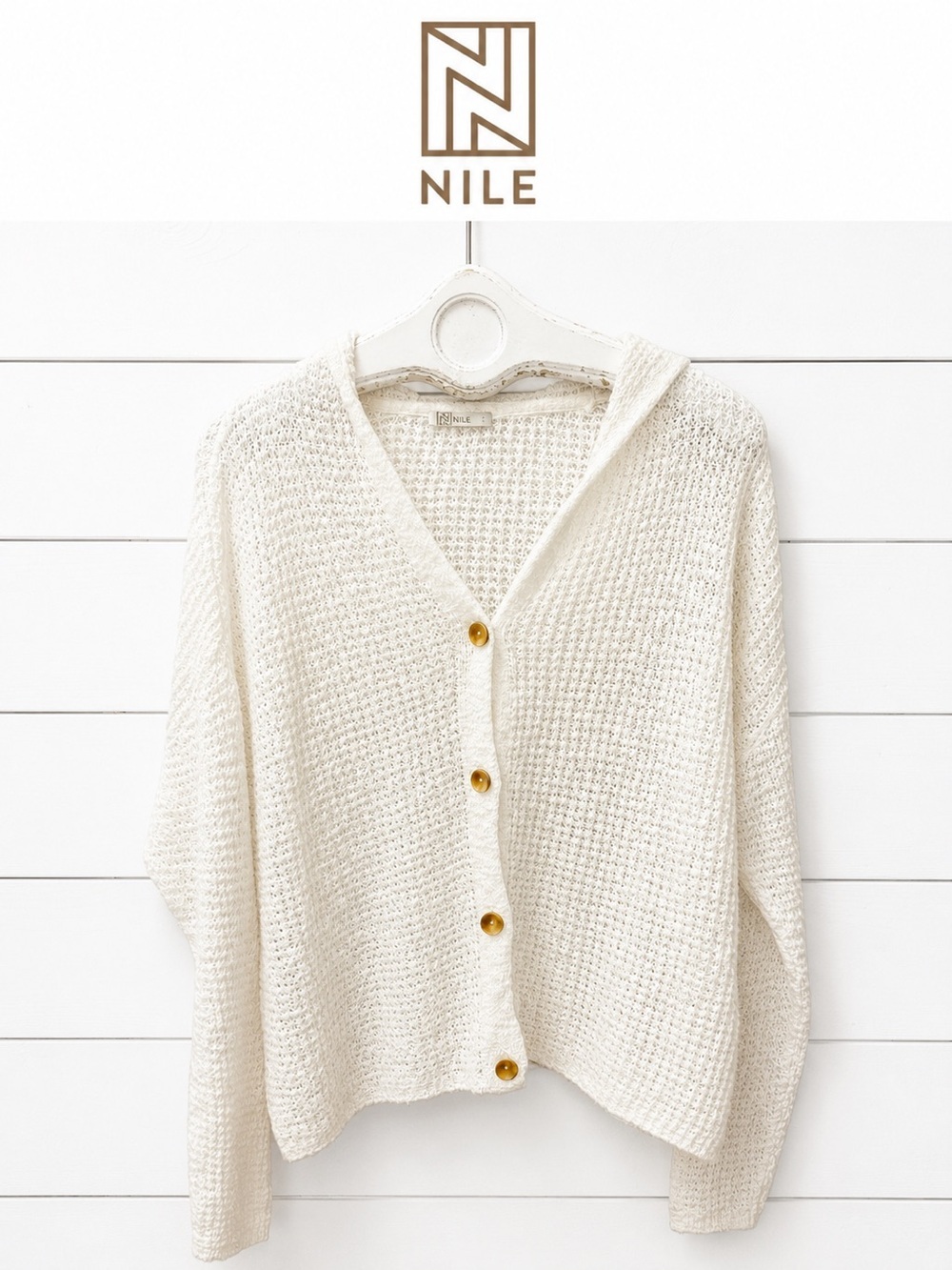 NILE Ivory Boxy Hooded Knit Cardigan Size L
